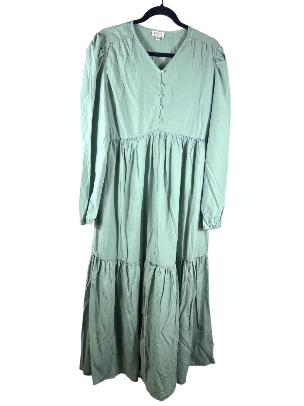 Indie & Co Green Tiered Maxi Dress With Long Sleeves & Button Detail Size Medium